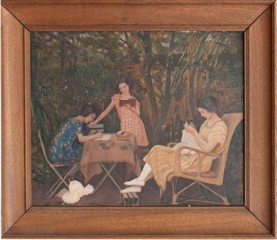 tableau représentant trois femmes assises à une table dans un décor boisé