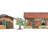 deux petites maisons en bois côte à côte sur un fond blanc
