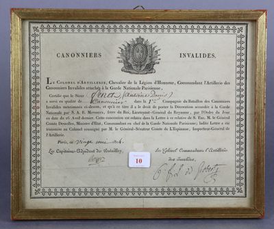 CANONNIERS INVALIDES Certificat de service du Sieur FENET...…