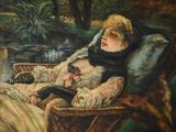 a painting of a woman sitting in a wicker chair