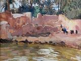 a painting of a group of people wading in the water