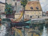 a painting of a boat in a harbor with buildings in the background