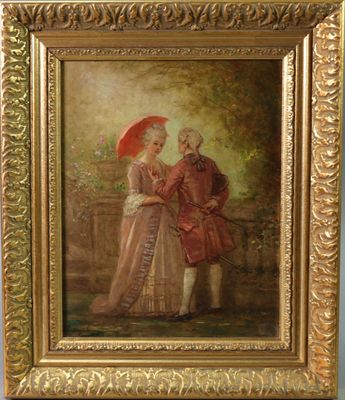tableau représentant un homme et une femme avec un parapluie dans un jardin