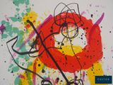 abstract painting of a red circle with black and yellow paint splatters