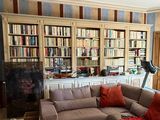 a living room with bookshelves and a couch in front of a fire place