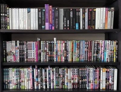 une bibliothèque noire remplie de nombreux DVD et films