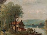 painting of a river scene with a house and a boat in the water