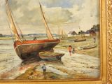 a painting of a boat on the beach with people near it