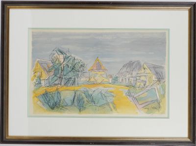 an image of a watercolor painting of a village by a river