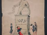 an old drawing of a woman in a red dress standing next to a statue