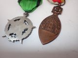 two medals on a white table with a red and green ribbon