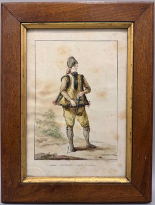 tableau représentant un soldat armé, dans un cadre en bois