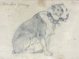 an old drawing of a dog sitting on the ground with a collar around it ' s neck