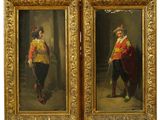 une paire de peintures à l'huile représentant un homme et une femme en costumes d'époque