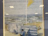 painting of a beach scene with chairs and a flag on the beach
