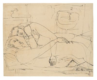 an image of a drawing of a woman laying on a bed