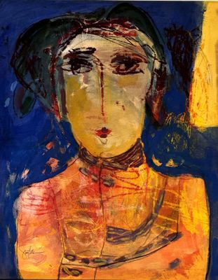 un tableau représentant une femme en robe jaune sur fond bleu