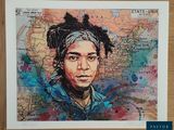 painting of a woman with a head scarf on a map