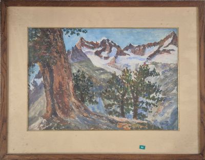 une image représentant un tableau représentant un paysage de montagne avec un arbre au premier plan
