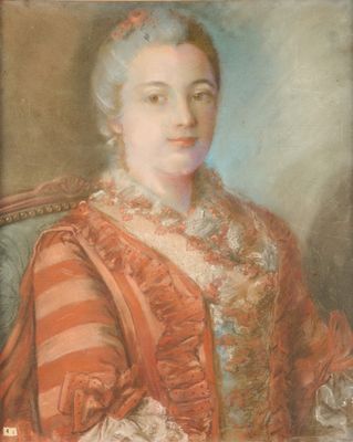 un tableau représentant une femme en robe rouge assise sur une chaise