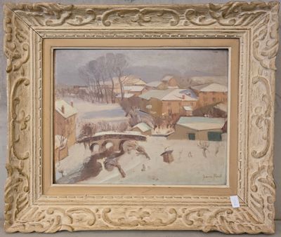 une image d'un tableau représentant un village dans la neige