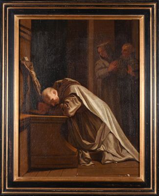 un tableau représentant un homme agenouillé devant une fenêtre
