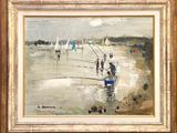 tableau représentant des personnes en train de pêcher sur une plage, avec des voiliers en arrière-plan