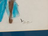 a drawing of a woman in a blue dress holding a purse