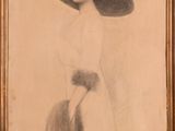 an old picture of a woman in a hat and dress with a feathered hat