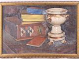 a painting of a vase and books on a table