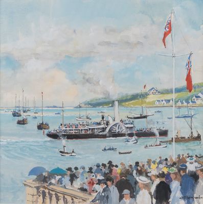 a painting of a large group of people on a pier