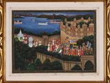an image of a painting of a group of people in front of a castle