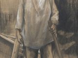 painting of a man with a shovel and a boat in the background