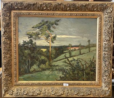 an oil painting of a landscape with a tree and a house in the distance