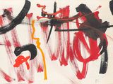 abstract painting of red, black, and yellow on a white background