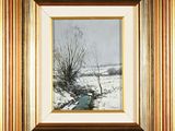 an oil painting of a snowy landscape with a stream in the foreground