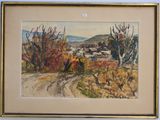 an image of a painting of a dirt road with trees in the background