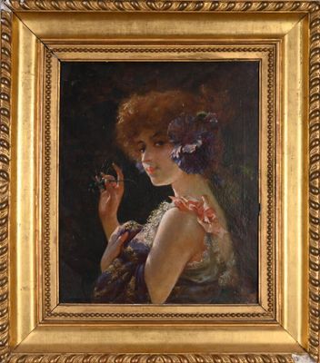 an oil painting of a woman holding a flower in her right hand
