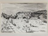drawing of a house in a field with trees in the foreground