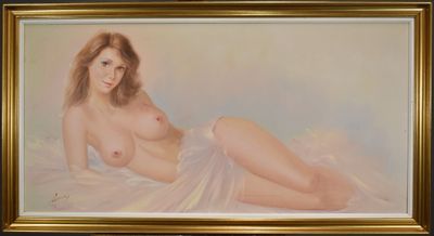 ÉCOLE du XXème siècle - Jeune femme allongée à demi-nue.