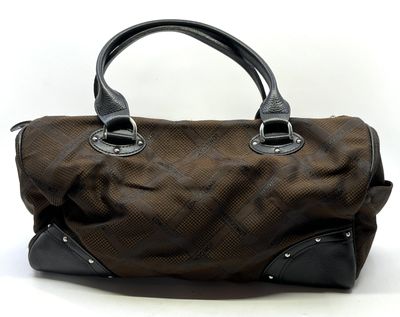 LONGCHAMP. Sac à main en cuir noir et toile marron monogramm…