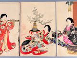 trois tableaux représentant des femmes en kimono assises sur un banc