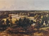 peinture représentant un paysage champêtre avec une maison et des arbres