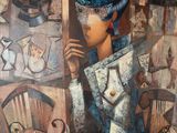 un tableau représentant une femme en robe bleue et chapeau