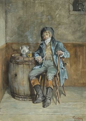 un tableau représentant un homme assis sur une chaise à côté d'un tonneau
