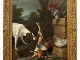 an image of a painting of a white horse and a white dog
