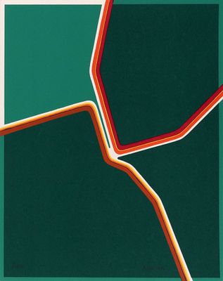 une affiche verte et orange traversée par une ligne rouge