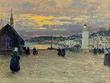 une peinture à l'huile représentant des personnes se promenant sur une plage près d'un phare
