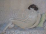 a painting of a nude woman sitting on a bed