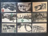 many old photographs of a train on display on the wall